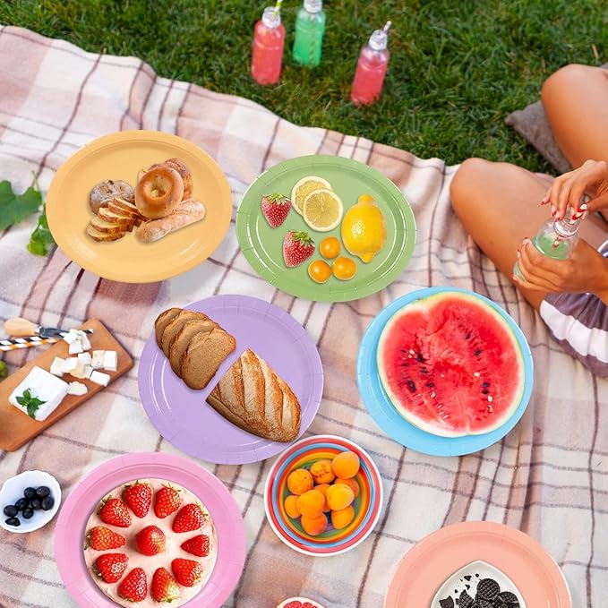 192PCS Pastel Party Supplies Set Rainbow Tableware Bulk Include Paper Plates Cups Napkins Colorful Mix Color Disposable Dinnerware Decorations for Baby Shower Graduation Carnival Wedding