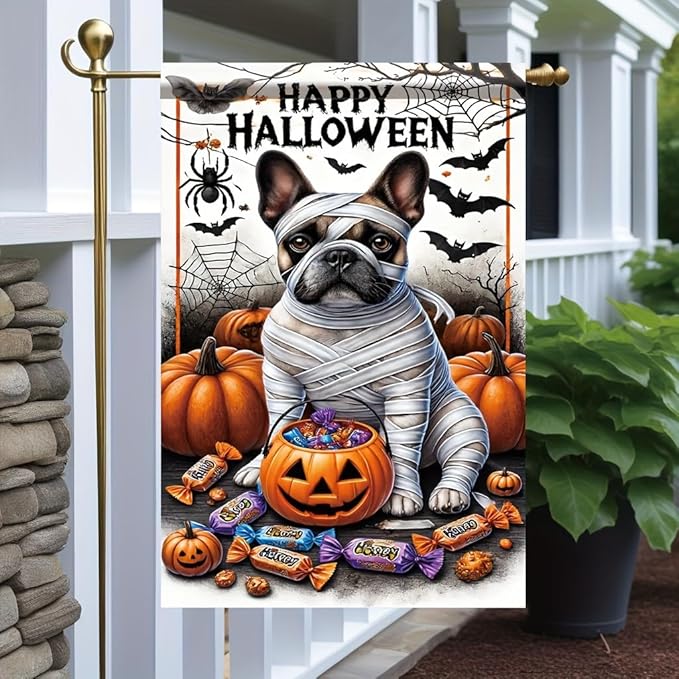 Halloween Garden Flag Mummy Dog Pumpkin Candy 12x18 inch Double Sided OutdoorYard Banner for Trick or Treat Haunted House Spooky Small Cute Holiday Decoration Decor