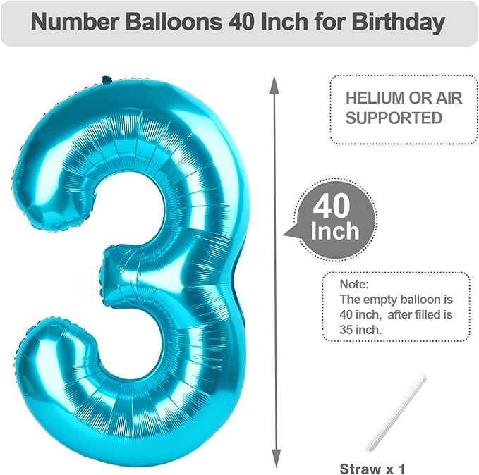 Light Blue Number Balloons 40 Inch, 3rd Birthday Decorations for Girls Boys, Number 3 Ballon for 3, 13, 23, 30 Celebration, Boy and Girl Birthday, Wedding, Anniversary Decor