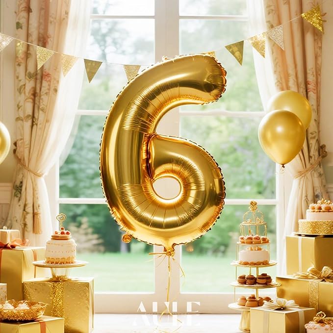 AULE 40 Inch Big Gold 6 Balloon Number Large Foil Helium Number Balloons 0-9 Jumbo Giant Happy 6th Birthday Party Decorations for Boy or Girl Huge Mylar Anniversary Party Supplies