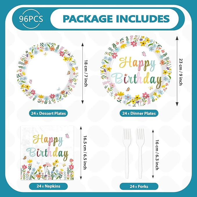 96Pcs Spring Flower Birthday Party Decorations Colorful Wildflower Plates and Napkins Groovy Boho Floral Leaf Disposable Paper Tableware Set for Women Birthday Party Supplies Serves 24
