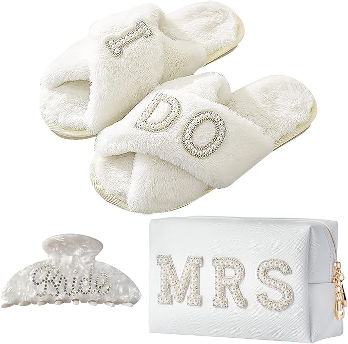Bride To Be Gift Set Bride Makeup Bag I Do Bride Slippers Bride Robe Bride Hair Clip Bride Gifts Wedding Gifts (Slippers+Makeup Bag+Clip)