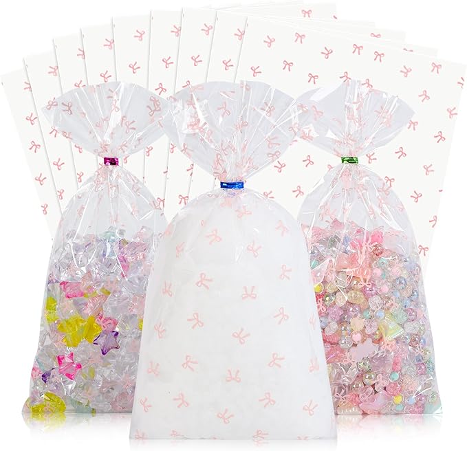 Docvania Cello Cellophane Treat Bags Pink Bow Candy Bags 100 pcs 6 X 11 Goodie Gift Bag with Twist Ties for Baby Shower,Valentine's Day Birthday Parties and Weddings