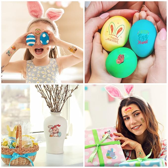 66 Pieces Easter Tattoos, 12 Sheets Colorful Bunny Egg Chicken Spring Flowers Butterfly Stickers for Easter Egg Filler, Easter Basket Stuffers, Goodie Bag Fillers, Classroom Rewards