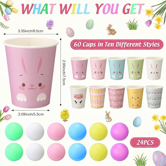 Easter Throwing Toss Game for Family 50 Bunny Paper Cups 24 Colorful Balls Easter Activities Spring Carnival Throwing Toss Game for Gatherings Outdoor Indoor Prize Party Supplies
