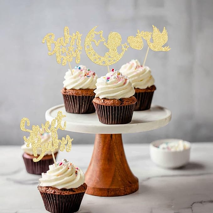 24Pcs Baby Boy Cupcake Toppers Gold Glitter Moon Star Sweet Baby Boy Cupcake Picks Decorations for Gender Reveal Baby Shower Kids Boys Birthday Party Supplies