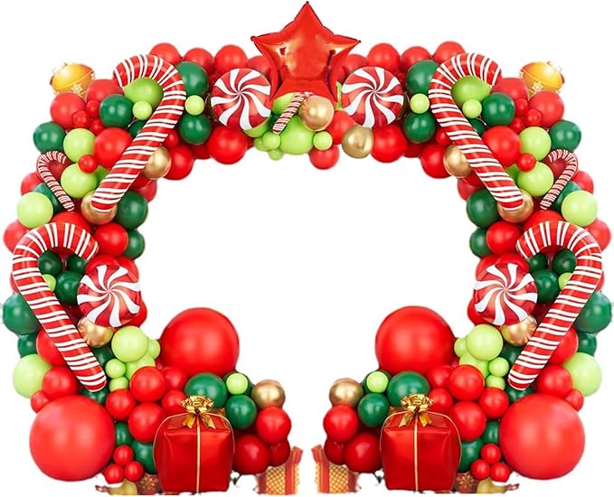 Leesoot Christmas Balloons Arch Decorations 144pcs Red Green Gold Balloons for Party Gift Star Candy Cane Balloons Indoor Outdoor Decor Christmas Balloon Garland Arch Kit