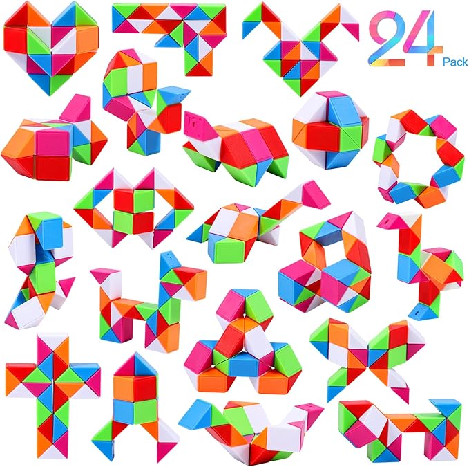 24 Pack Magic Snake Cube Fidget Toys for Kids - 24 Blocks Rainbow Twist Puzzle, Party Favors, Classroom Prizes, Birthday Goodie Bag Fillers, Stress Relief Sensory Toys