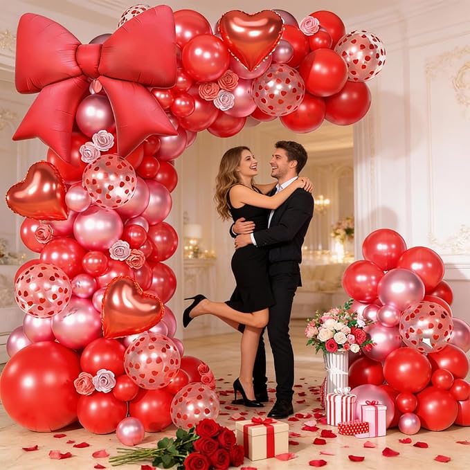 Red Balloons Arch Kit, Metallic Red Pearl Balloon Valentine Garland Arch, Heart Confetti Balloons Bow Heart Love Foil Balloon For Valentine's Day Birthday Baby Shower Party Wedding Engagement Decor