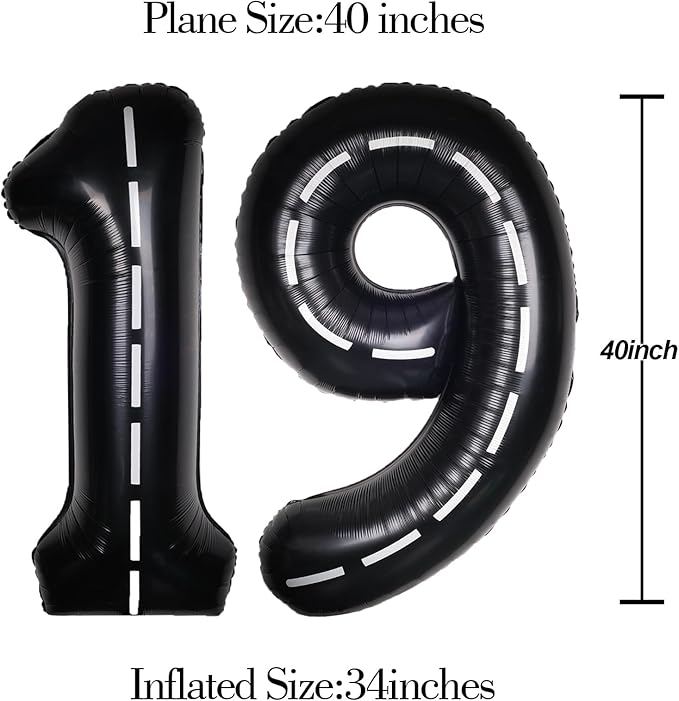 Race Car 40Inch Black 19 Balloon Number Large Helium Race Track 0-9 Giant Digital 19th Foil Mylar Big Party Number Balloons for Boy Birthday Car Theme Party Anniversary Graduation Decorations