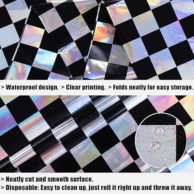 3 Packs Black Checkereed Iridescent Tablecloth 54 x 108 Inch Holographic Foil Table Cloth Shiny Disposable Laser Rectangle Plastic Table Cover for Picnic Camping