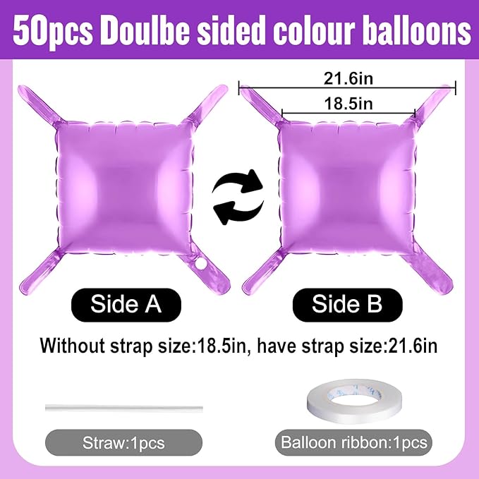 50Pcs Light Purple Square Foil Balloons Wall Backdrop, Double Sided Metallic Foil Balloons Tunnel Arch Garland Kit for Photo Booth Birthday Wedding Halloween Christmas Party Decorations