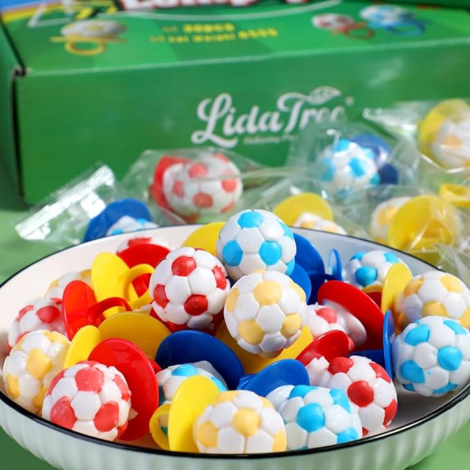 Soccer Ring Candy Lollipops Suckers Individually Wrapped Bulk for Birthday Party Favors, 3 Colors Sports Themed Ball Shaped Candies Goodie Bag Fillers, Team Treats, 30 Count