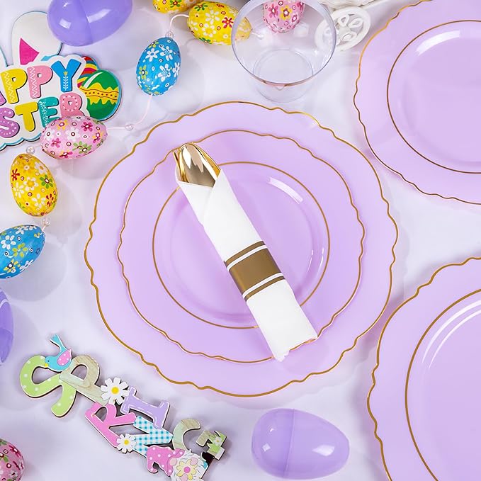 Liacere 350PCS Purple Plastic Plates - Disposable Lavender Plates 50guest Plastic Dinnerware include 100Light purple Plates,50Pack Pre Rolled Napkins Silverware 50Cups for Easter Day