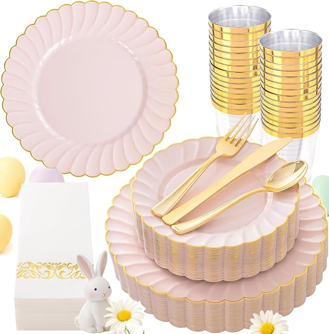 YOUBET 175PCS Pink Scalloped Plastic Plates - Gold Disposable Dinnerware Set Include 50 Plates, 75 Gold Silverware, 25 Cups, 25 Napkins for Party & Wedding & Baby Shower Easter Mothers Day