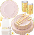 YOUBET 175PCS Pink Scalloped Plastic Plates - Gold Disposable Dinnerware Set Include 50 Plates, 75 Gold Silverware, 25 Cups, 25 Napkins for Party & Wedding & Baby Shower Easter Mothers Day