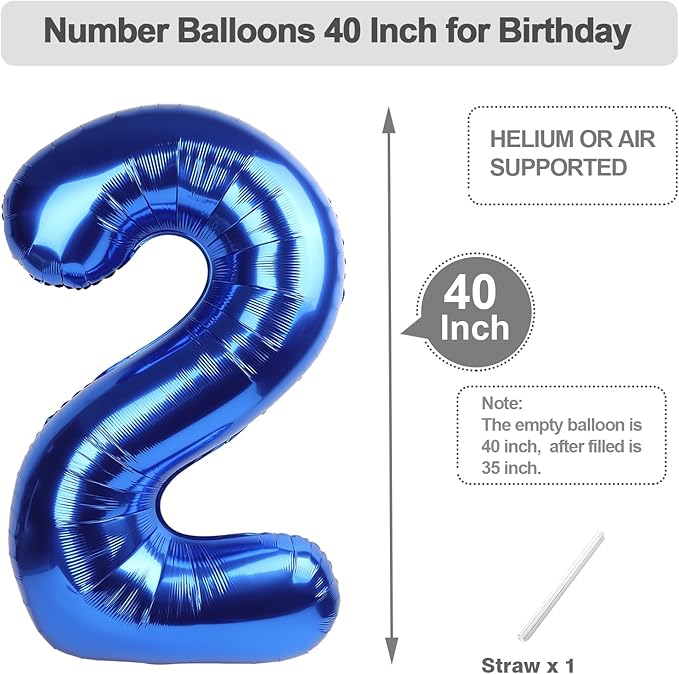 40 Inch Numbers Balloon, Blue Balloons for Birthday Party Decoration, Foil Number 2 Ballon for 2, 12, 20, 22, 2026 Celebration, Graduation, Birthday, Baby Shower, Anniversary Decor