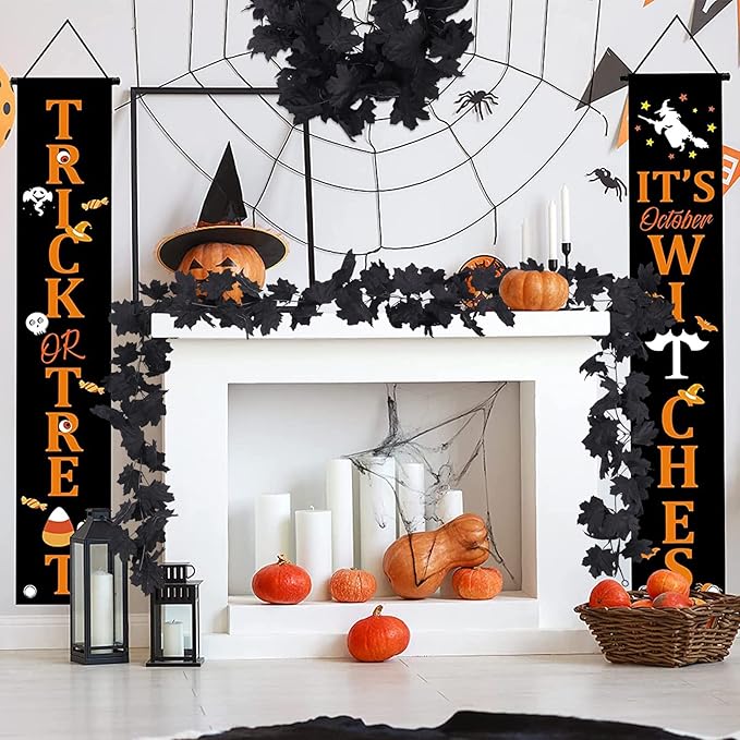 Halloween Black Christmas Garland Decor Indoor Table Decorations Fall Wall Hanging Artificial Black Maple Leaf Vine Decorations for Home (2 Pcs Halloween Garland, Set)