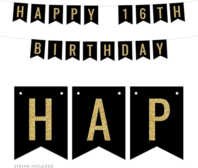 Andaz Press Faux Gold Glitter on Black Birthday Party Banner Decorations, Happy 16th Birthday, Approx 5-Feet, 1-Set, Birthday Colored Hanging Pennant Decor