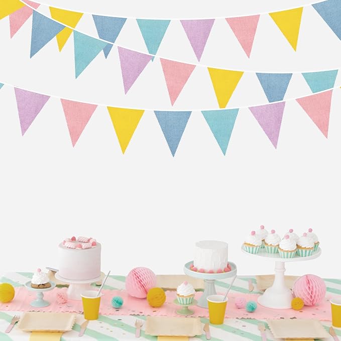 46Ft Pastel Party Decorations Macaron Burlap Banner Triangle Pennant Flag Macaron Linen Bunting Garland Streamers for Vintage Pastel Birthday Wedding Baby Shower Easter Spring Party Decorations