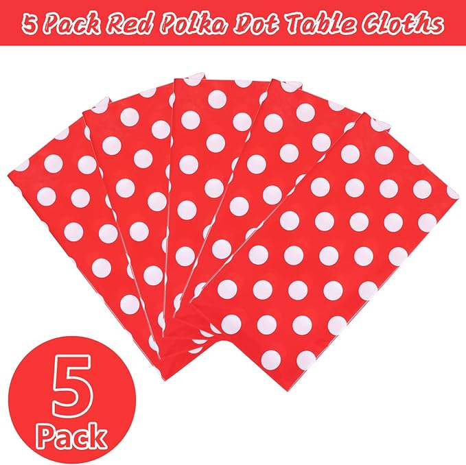 Kesfey 5 Packs Red Polka Dot Plastic Tablecloth 54 x 108 Inch Mickey Mouse Table Cloths Waterproof Disposable Red Picnic Table Covers Rectangle Red and White Dot Carnival Tablecloth for Birthday Party