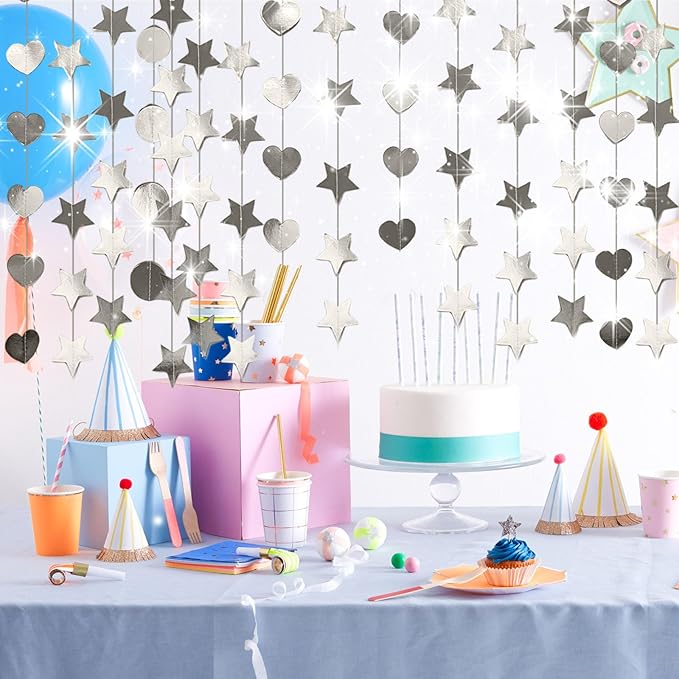 Silver Dot Heart Star Streamers 19.8 Feet Paper Garlands Glitter Disco Garland Hanging Banner for Birthday Homecoming Classroom Mothers Day Wedding Engagement Birthday Party Supplies