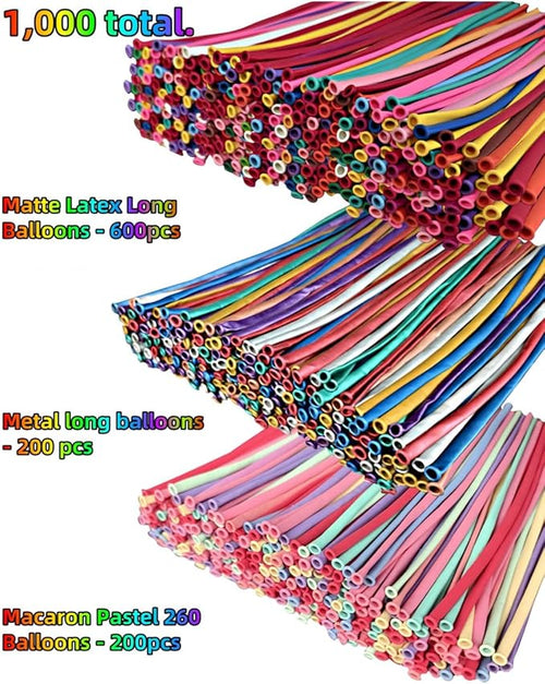 1000 Pcs 260 Balloons 3 materials Include 600 Pcs Matte 200 Pcs Metallic and 200 Pcs Pastel Long Balloons Used to create a variety of shapes