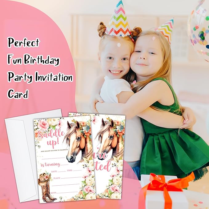 Floral Horse Birthday Party Invitation Cards for Women Girls Kids, Watercolor Cowgirl Birthday Celebration Party Invite Cards Supplies, 20 Double-Sided Fill In Invites With Envelopes -12
