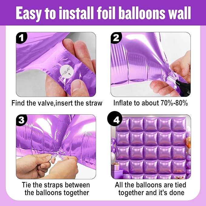 50Pcs Light Purple Square Foil Balloons Wall Backdrop, Double Sided Metallic Foil Balloons Tunnel Arch Garland Kit for Photo Booth Birthday Wedding Halloween Christmas Party Decorations