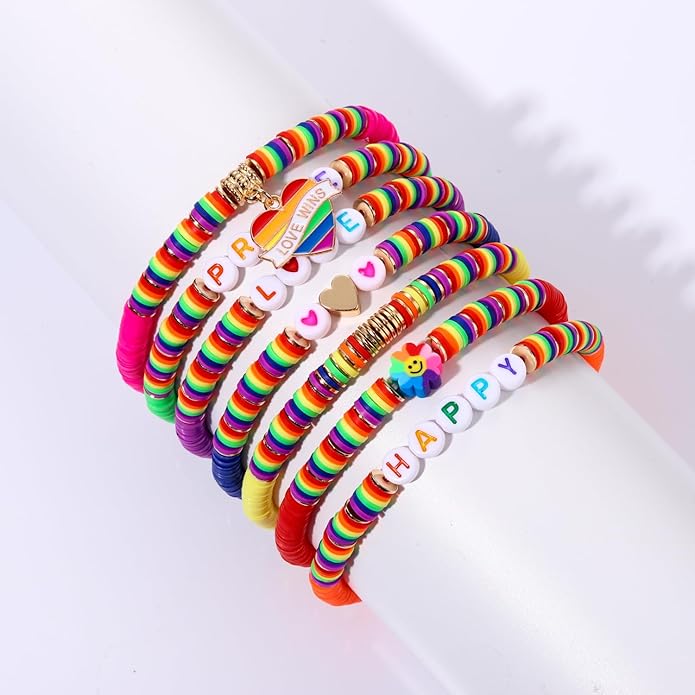 Surfer Heishi Bracelets for Women Stackable Rainbow Vinyl Disc Clay Beaded Stretch Bracelets Elastic Layering Friendship Bracelets Boho Summer Beach Jewelry