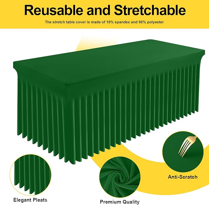 Smiry Spandex Tablecloth 2 Pack, Elastic Fitted Stretch Tablecloth for 6FT Rectangle Tables, Waterproof Washable Table Cover Skirt for Wedding, Banquet & Parties (Emerald Green, 72Lx30Wx30H Inch)