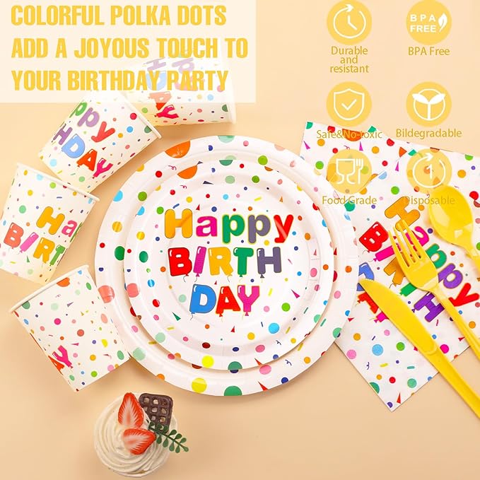 176PCS Happy Birthday Party Supplies, Happy Birthday Plates Serves 25, Includes Birthday Plates and Napkins, Cups,Yellow Cutlery and Happy Birthday Banner for Happy Birthday Party Decorations, 9inch