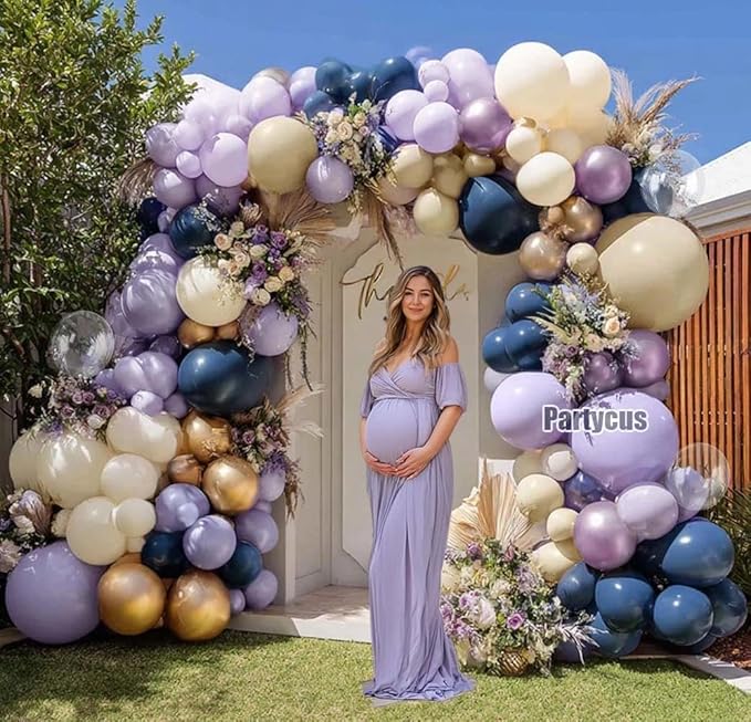 Navy Blue Purple Balloon Arch Double Stuffed, Dark Blue Pastel Lavender White Sand Ivory Balloon Garland Kit with Clear Bobo Metallic Lilac Latex for Baby Shower Wedding Birthday Valentine Party Decor