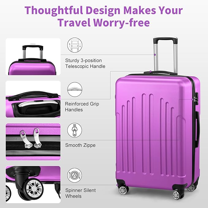 Karl home 24in Checked Luggage with TSA Lock, ABS Hardshell Check-in Suitcase with Spinner Wheels, Durable Medium Suitcase Rolling Luggage for Business Travel, Purple