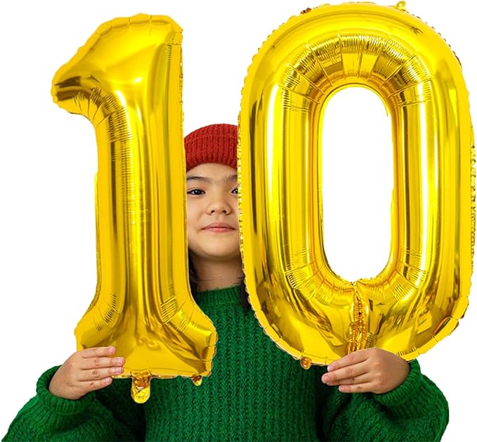 SINBEE Gold 10 Number Balloon, 40 Inch Mylar Foil Reusable Party Decoration for Birthday, Anniversary, Ceremony, Business Event