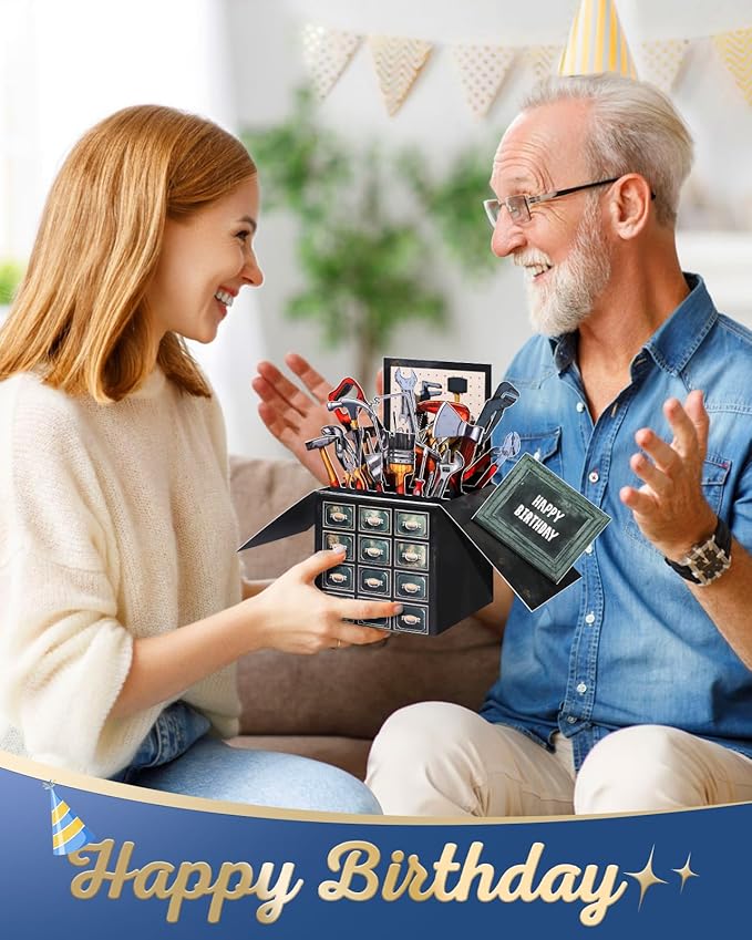 Birthday Pop Up Card with Envelope - Funny Happy Birthday 3D Greeting Pop Up Card, Best Gifts for Men Dad Husband Grandpa Father Daddy Him, Unique 3D Design, Metal Toolbox