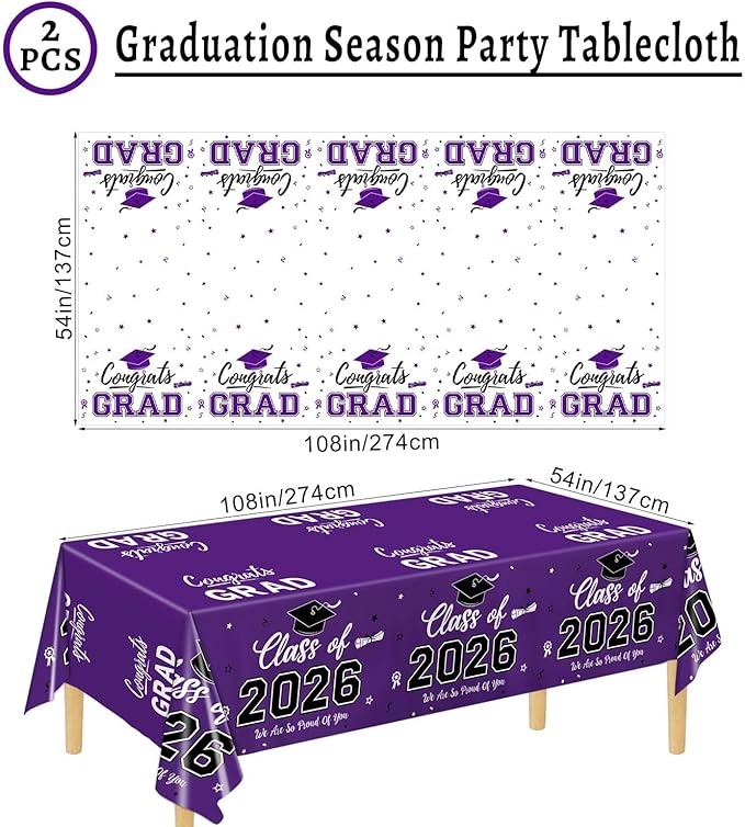 Oigco 2026 Graduation Decorations, 2 Pack Purple Graduation Tablecloths Class of 2026, Congrats Grad Plastic Table Cloths for Graduation Party Decorations, 54 x 108 Inch
