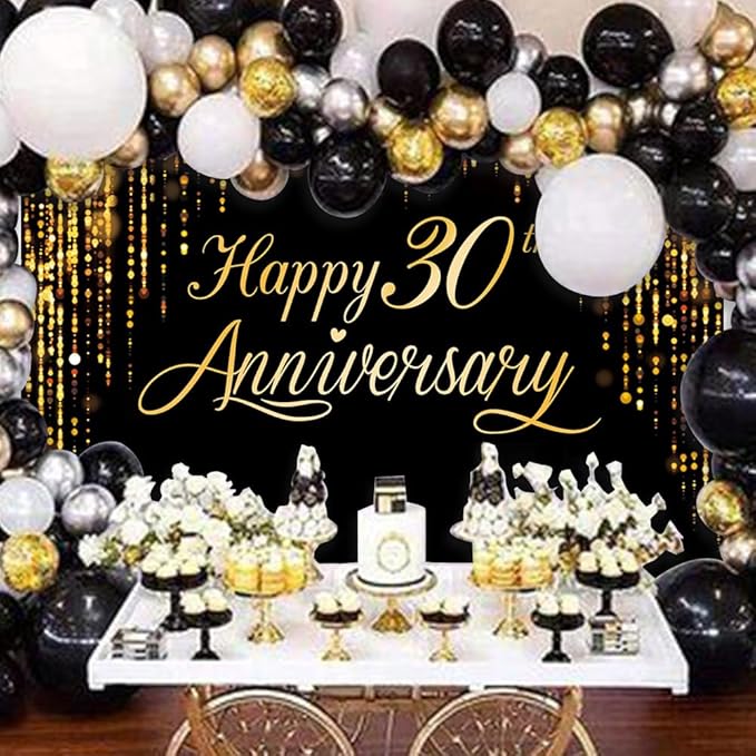 Happy 30th Anniversary Banner - Black Gold Photography Poster for Wedding, Birthday Party Decoration
