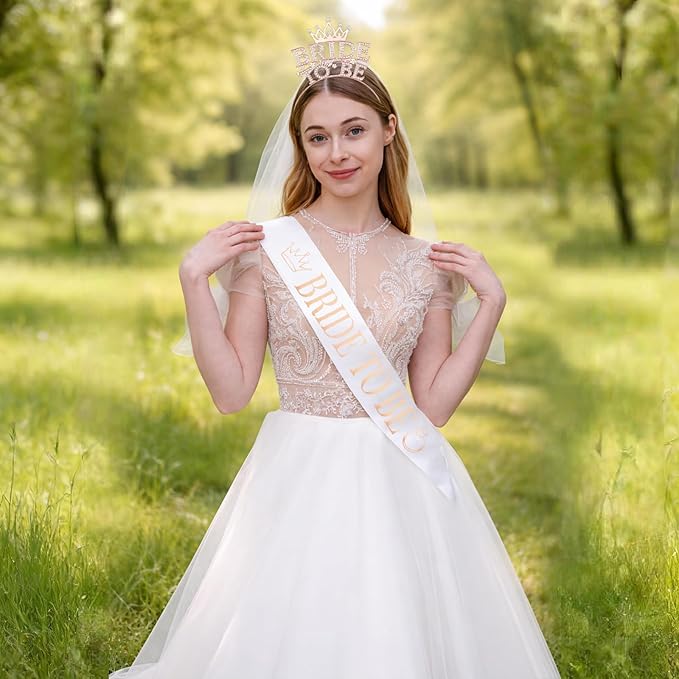 Bride To Be Accessories Set – Rhinestone Tiara Headband, Bride To Be Sash & Veil | Bachelorette Party Supplies, Bridal Shower Decorations, Bride Sash and Veil Set, Bride Accessories