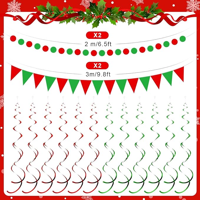 Outus 25 Pcs Christmas Party Decorations Supplies Merry Christmas Party Banner Red Green White Xmas Paper Fans Flower Pom Poms Hanging Swirls Pennant Circle Dots Garland for Xmas Birthday Decor