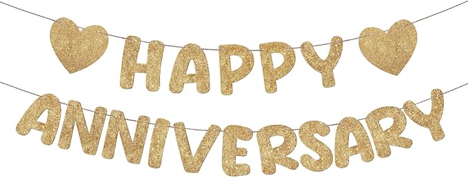 Fulmoon Happy Anniversary Banner Glitter Happy Anniversary Decorations Wedding Party Banner Romantic Decorations No DIY Pre-strung for Wedding Party Birthday Door(Champagne Gold)