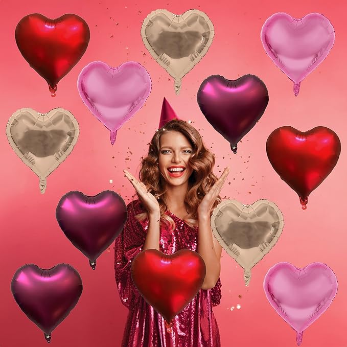 Wine Red Heart Balloons, 18 Inch 12 Pcs Burgundy Red and Pink Foil Heart Balloons Red and Rose Gold Heart Shape Foil Balloons Party Decoration for Birthday Wedding Valentines Anniversary