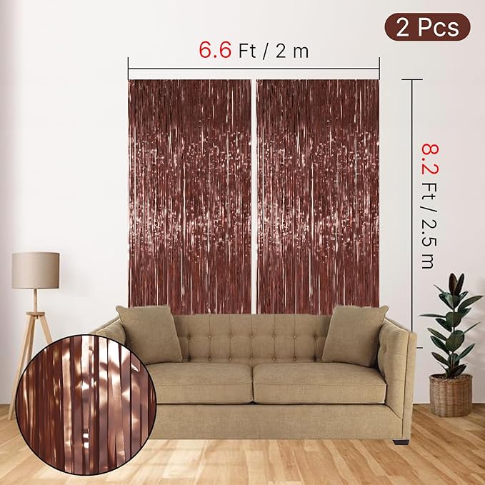 PartyWoo Foil Curtain 2 pcs, 3.3x6.6 ft Metallic Brown Tinsel, Foil Fringe Curtains, Birthday Decorations, Party, Wedding Backdrop