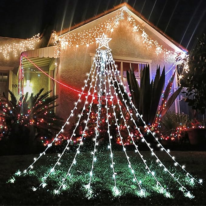 Aokudoni Christmas Decorations Outside, 12.6FT 350 LED 8 Modes Star Christmas Lights Outdoor for House Yard Porch Holiday Decoration, Cool White