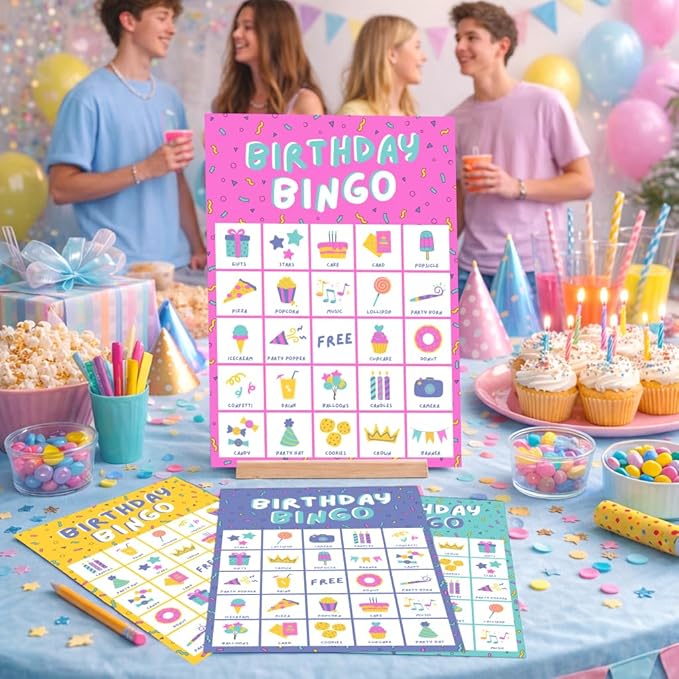 Markt Birthday Party Games for Kids, Birthday Bingo Game, Kids Party Games, Kid Bingo Game Decorations, Activities and Supplies for Girls or Boys (Multi-Color Pack)