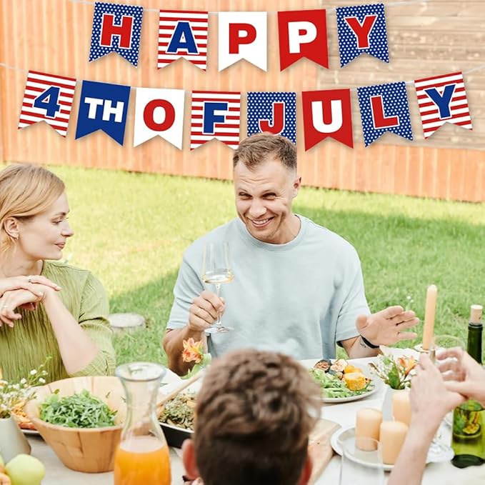 Happy 4th of July Banner for Independence Day Party Decor Red White and Blue Fourth of July Patriotic Party Celebrations Supplies for Memorial Day Durable Polyester Yard Decoration Banner