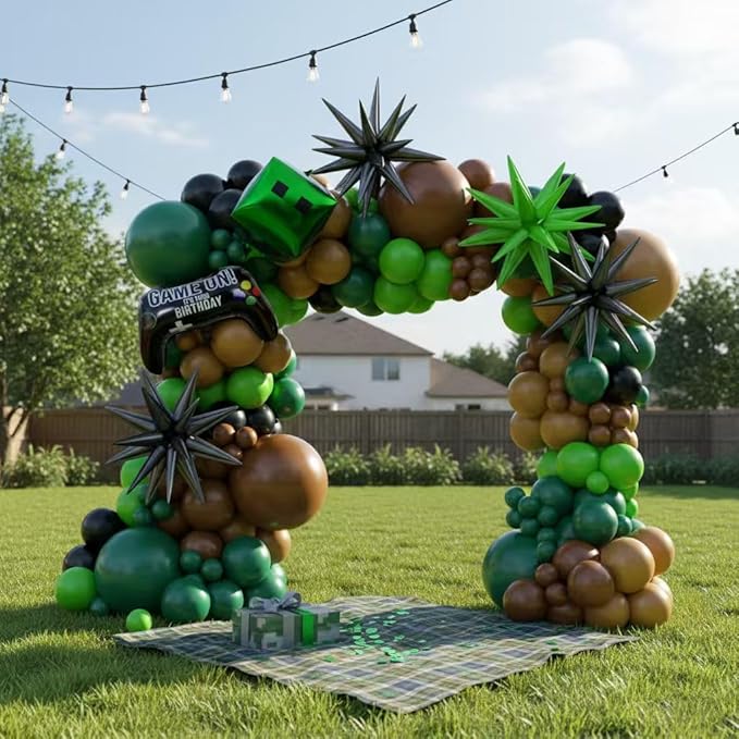 158Pcs Pixel Balloon Garland Arch Kit - Video Game Party Decorations with 18 12 10 5 Different Sizes Green Brown Black Latex Balloons for Pixel Birthday Baby Shower Boy Gaming Theme Decorations