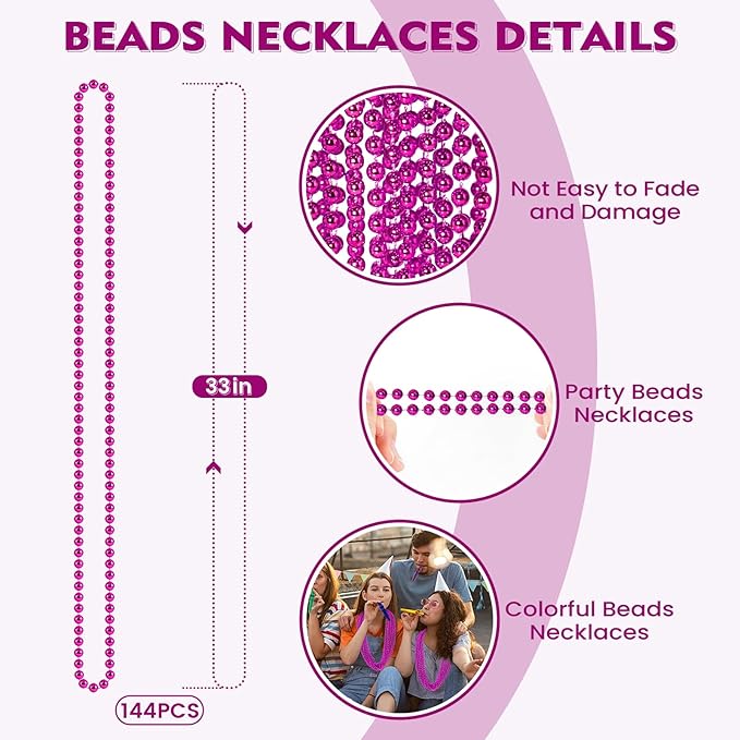 SHAOQINLIN 144 PCS Breast Cancer Awareness Necklaces, Hot Pink Bead Necklace, 33" Pink Mardi Gras Beads, Breast Cancer Awareness Accessories for Parade Supplies