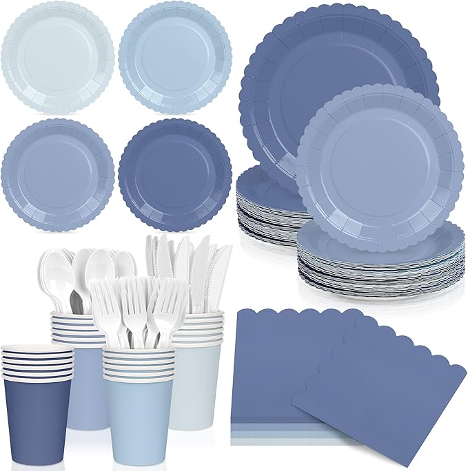 168 Pcs Dusty Blue Paper Plates and Napkins, Baby Blue Paper Plates Party Supplies for 24 Guests Include Gradient Scalloped Plates Paper Napkin Cup Knife Fork Spoon for Baby Shower, Wedding, Birthday