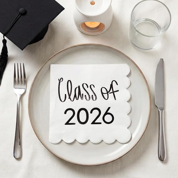 100 Pcs Class of 2026 Graduation Cocktail Napkins 5 x 5 Inch Congrats Grad Scalloped Paper Napkins for Dinner Beverage Graduate Decorations(Black)